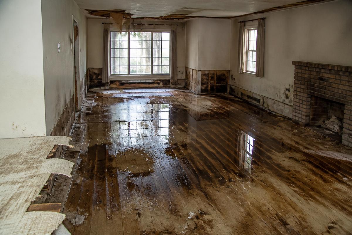 Living room — burst supply line, Northwest San Antonio before restoration