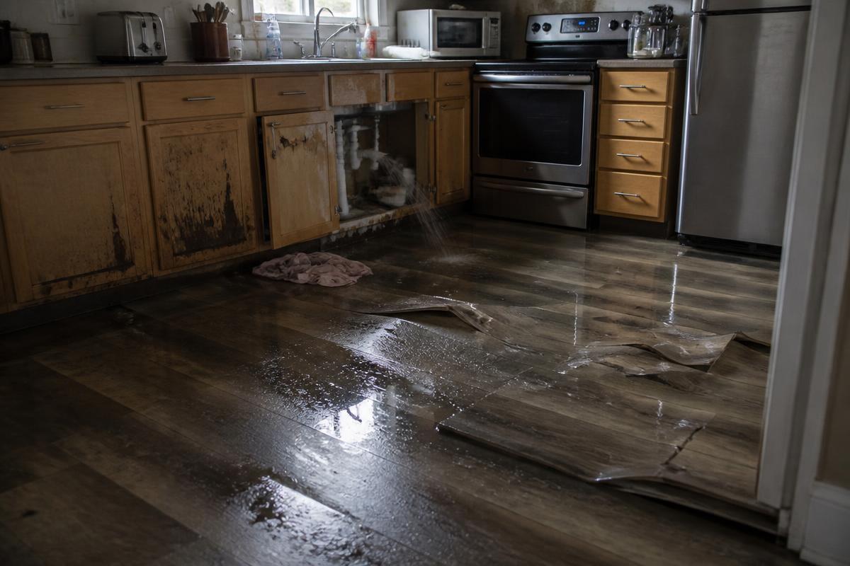 Kitchen — under-sink flood, Leon Valley before restoration