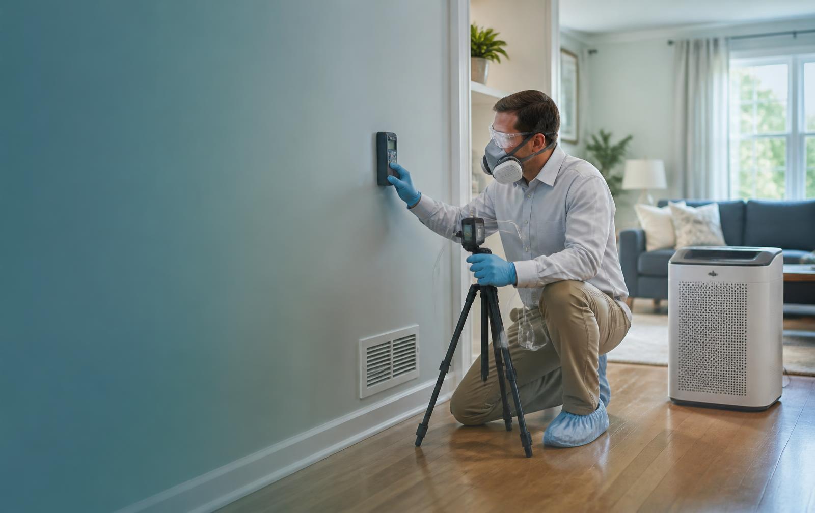 Certified technician inspecting a wall with air quality testing equipment