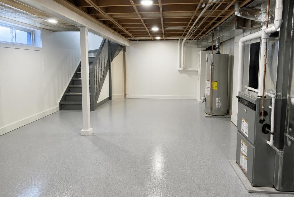 Affected flooring and fully restored living area after restoration