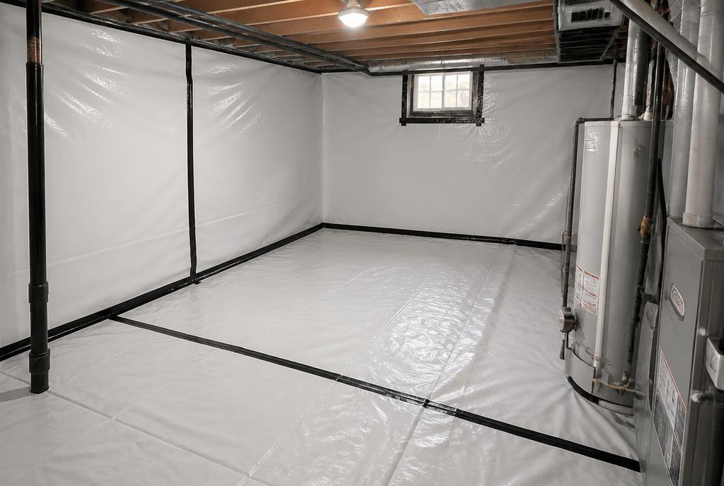 Affected flooring and fully restored living area before restoration